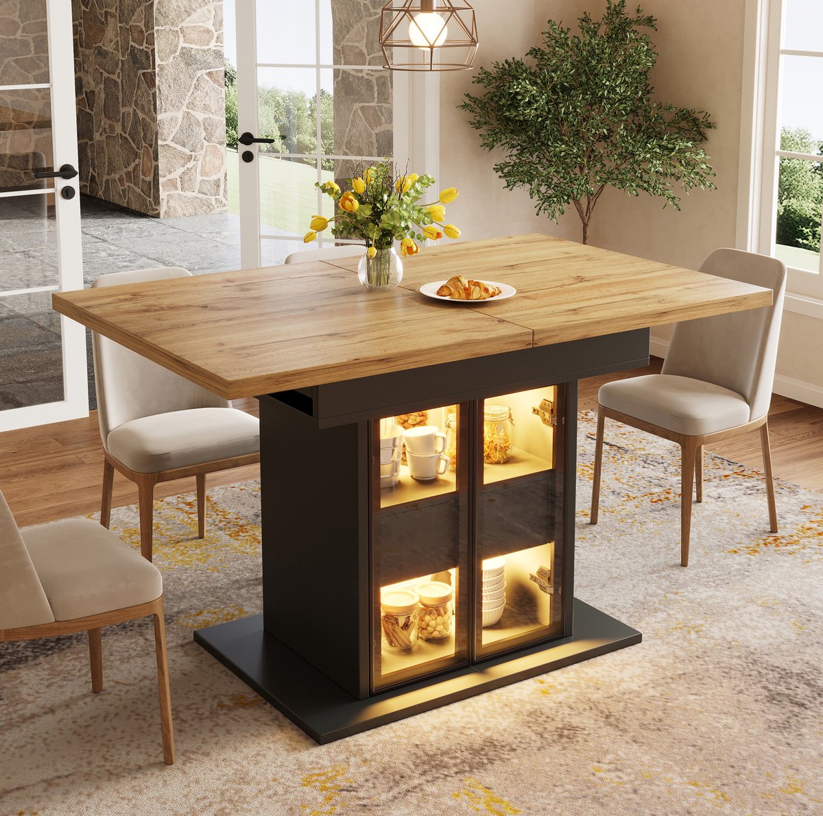 OKWISH Eettafel - Uitschuifbaar Met Opbergruimte En Ledverlichting - 110-140 x 80 x 77,9 cm - 2 Laden - MDF En Metaal Zwart