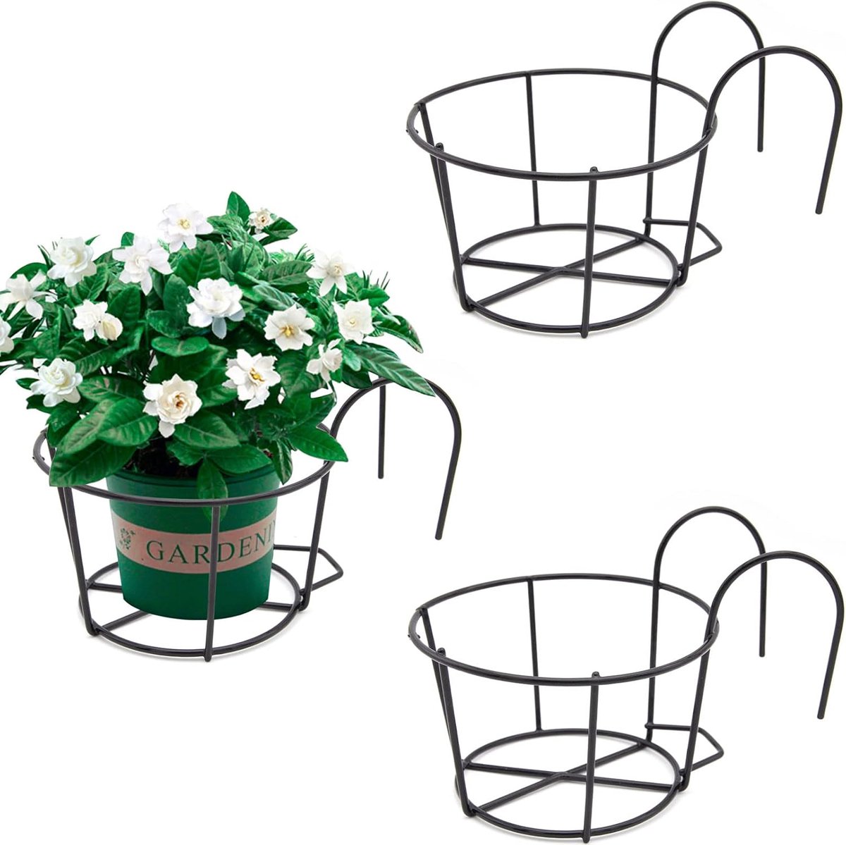 QTTVBTNA – 3 Stuks Plantenhangers – Hangende Bloempot – Plantenhouders – Metaal – Balkon Plantenbak Houders voor Reling en Hek – Ronde Bloempot Korven voor Balkon, Tuin, Terras en Buitenruimte – Zwart