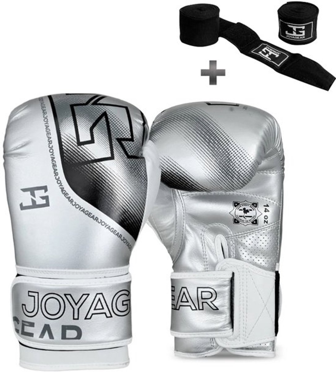 Joyagear "Evolution" Bokshandschoenen - 16 oz – Zilver – Thaise Microfiber – Nauwsluitende Pasvorm – Kickboksen & Boksen – Inclusief Bandage