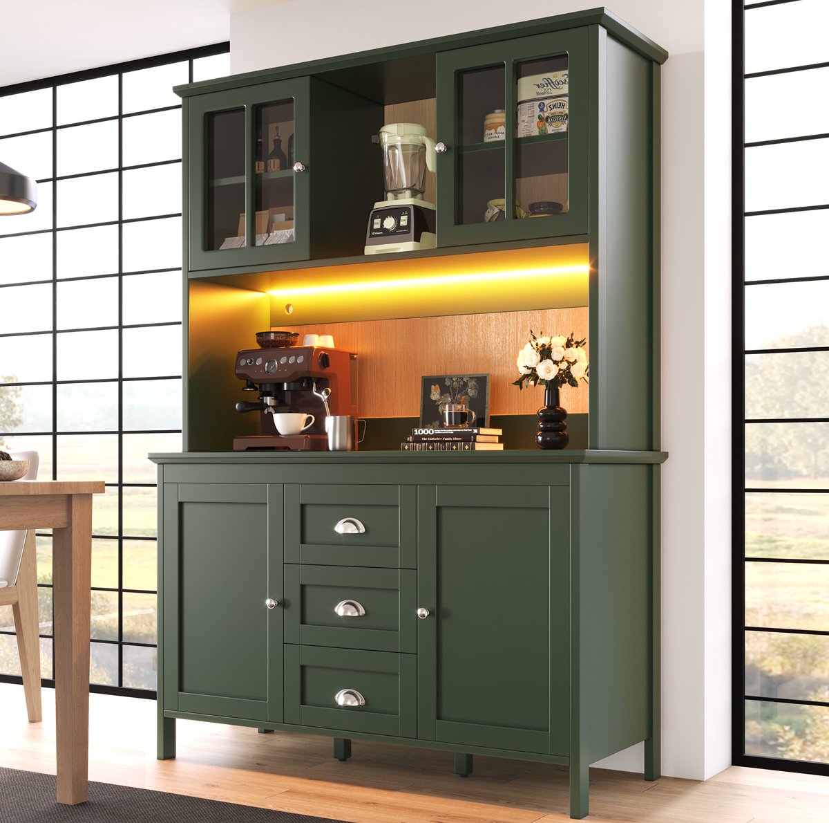 STILVORA Keukenkast - Hoge Opbergkast Met LED-Verlichting En Bruine Glazen Deuren - Voor Keuken En Servies - MDF - 120x40x179 Cm - Groen