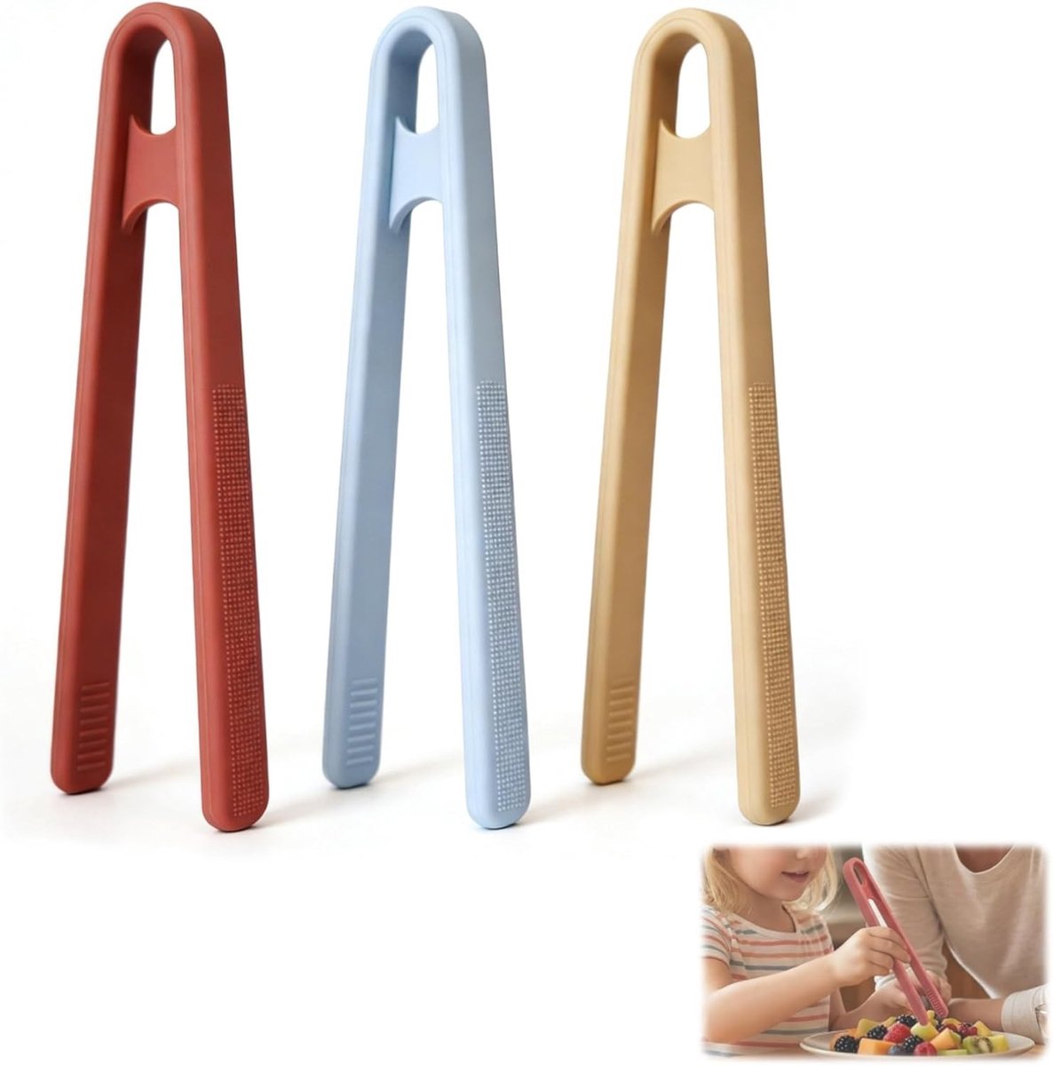 Kleurige Mini Keukentangen - Set van 3 Kleine Siliconen Tangen voor Voedsel, Salades en Fruit - Antislip Handvatten voor Kinderen en Fijne Motoriek