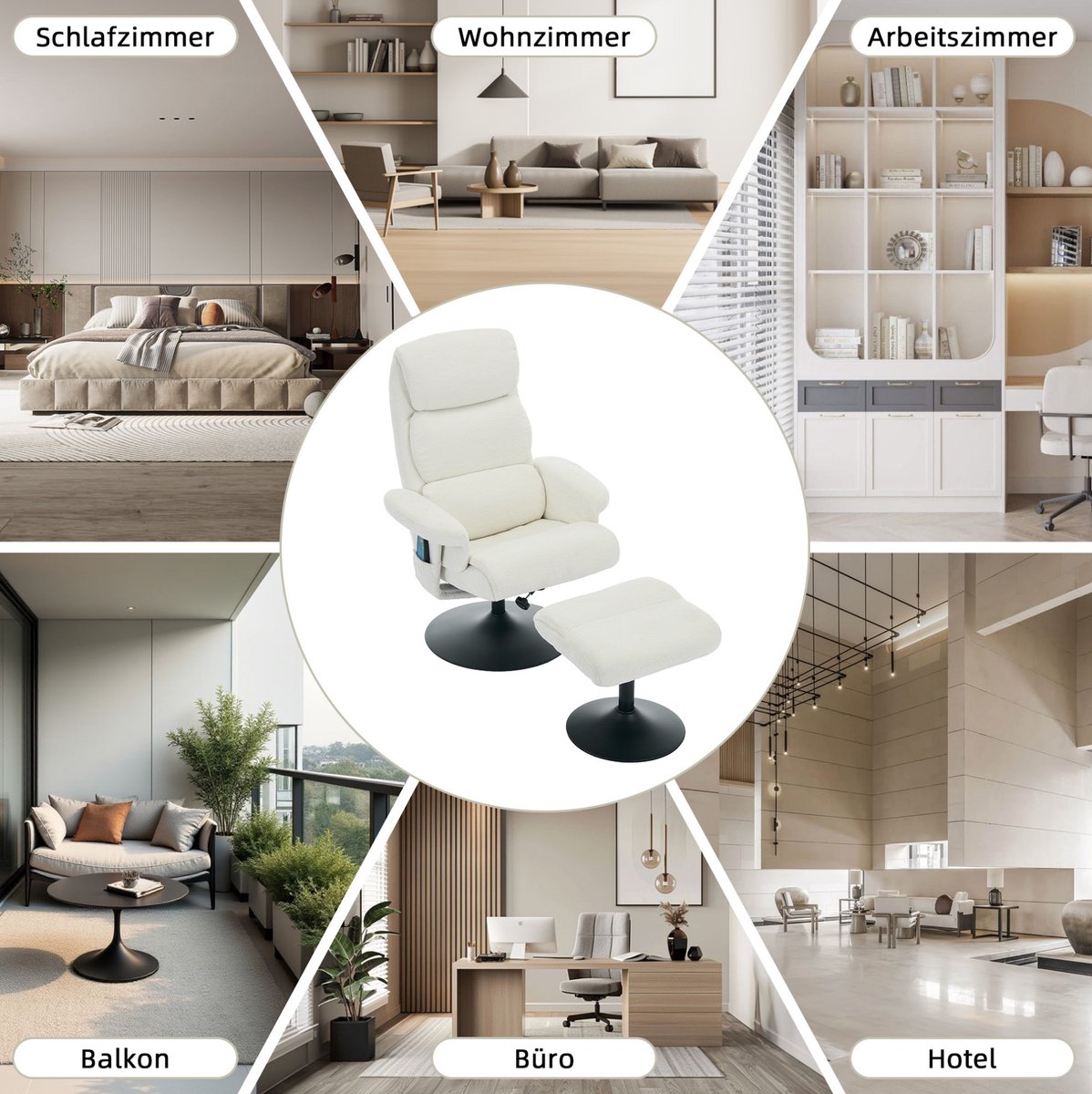 FloraGrace Relaxfauteuil Met 5-Punts Massage En Verwarming - 360° Draaibaar Met Hocker - Woonkamer Slaapkamer - Chenille - Wit – foto 2