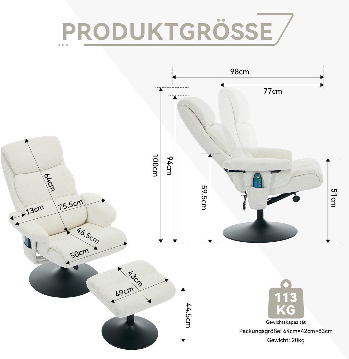 FloraGrace Relaxfauteuil Met 5-Punts Massage En Verwarming - 360° Draaibaar Met Hocker - Woonkamer Slaapkamer - Chenille - Wit – foto 4