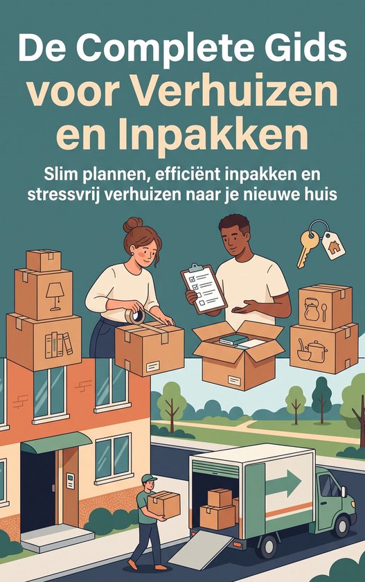 Cover van 'De Complete Gids voor Verhuizen en Inpakken' met illustratie van een gezin dat inpakt bij een huis met een verhuiswagen.