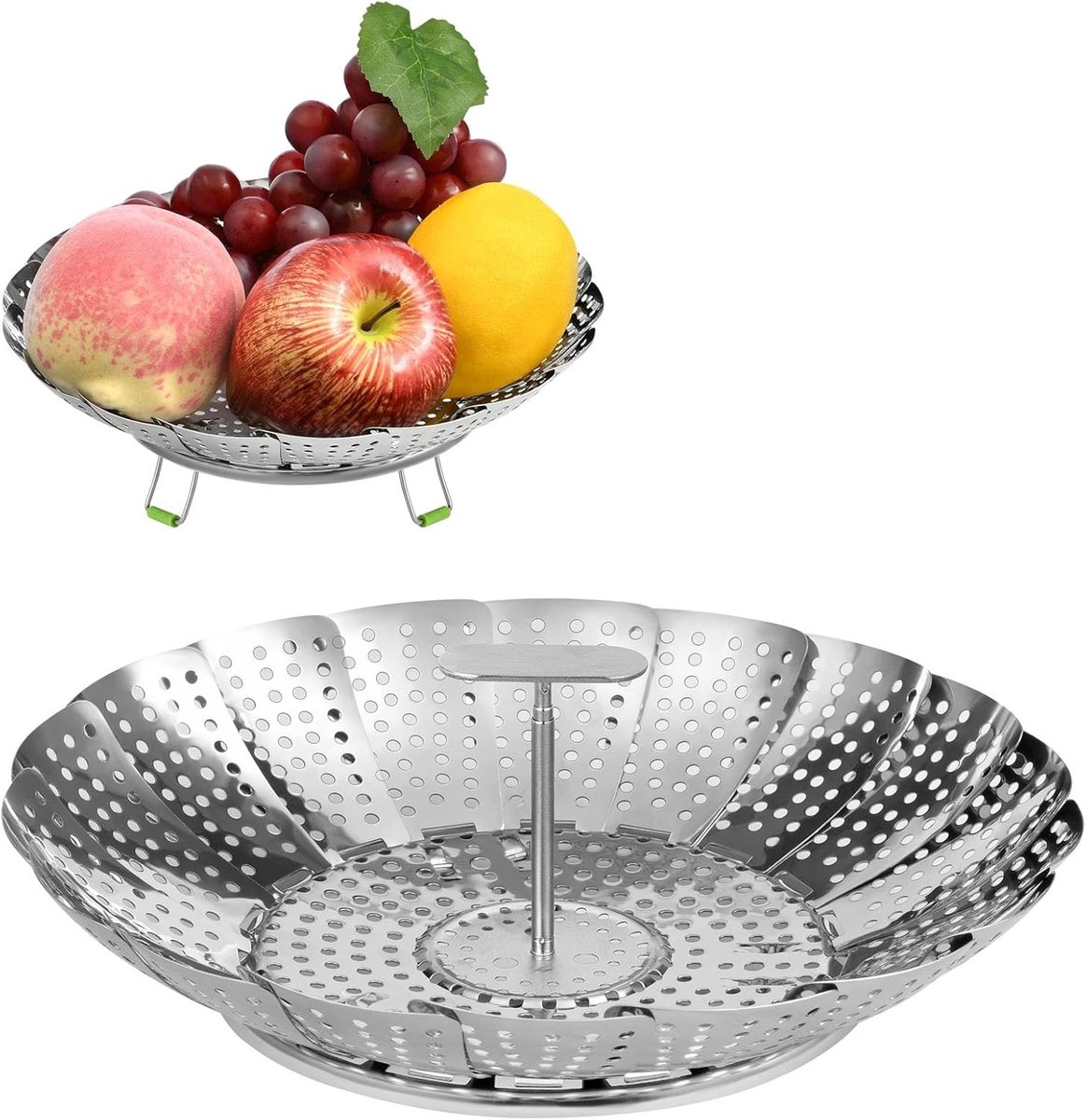 Vouwbare Stoommand, Verstelbare RVS Stoommand met Uittrekbare T-Handgreep en Antislip Voeten voor Koken van Zeevruchten en Groenten, Geschikt voor Diverse Potten - 11 Inch