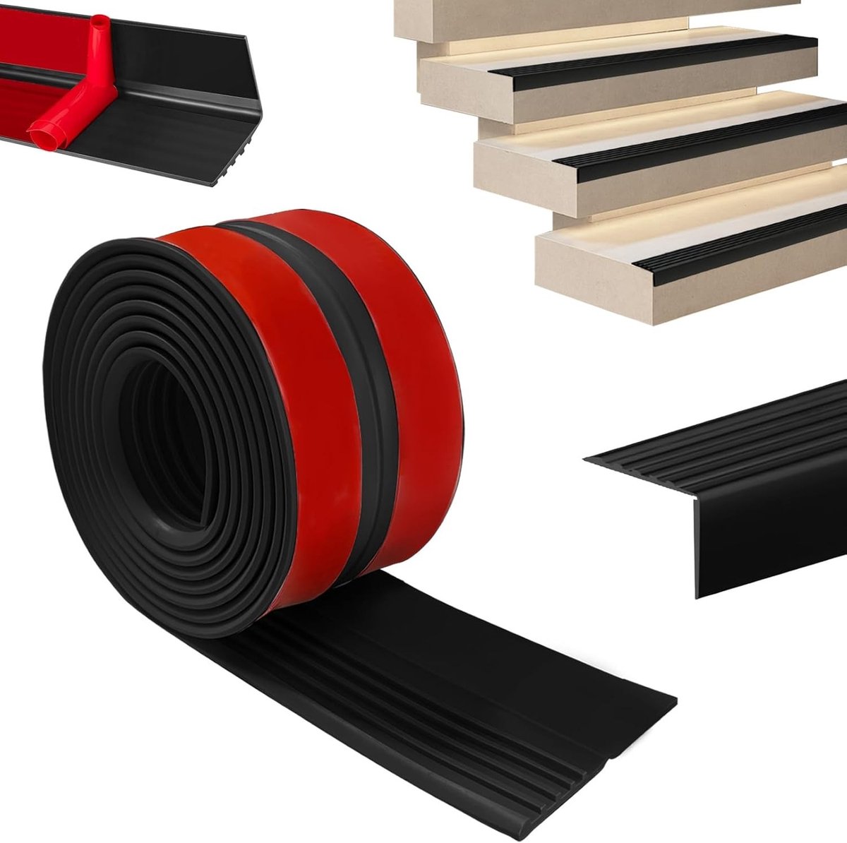 Hoekprofiel met zelfklevende tape voor trapleuningen, 10 m, antislip profiel, bescherming voor traptreden, flexibel rubberen randafwerking