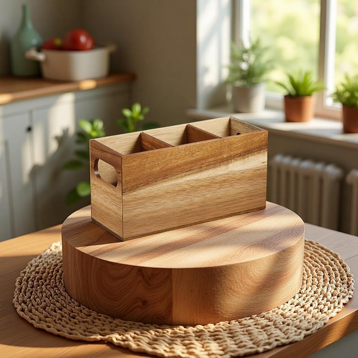 Houten gebruiksvoorwerpenhouder met 3 compartimenten en verwijderbare verdelers voor keuken en eettafel, ideaal voor kookgereedschap en bestekorganisatie