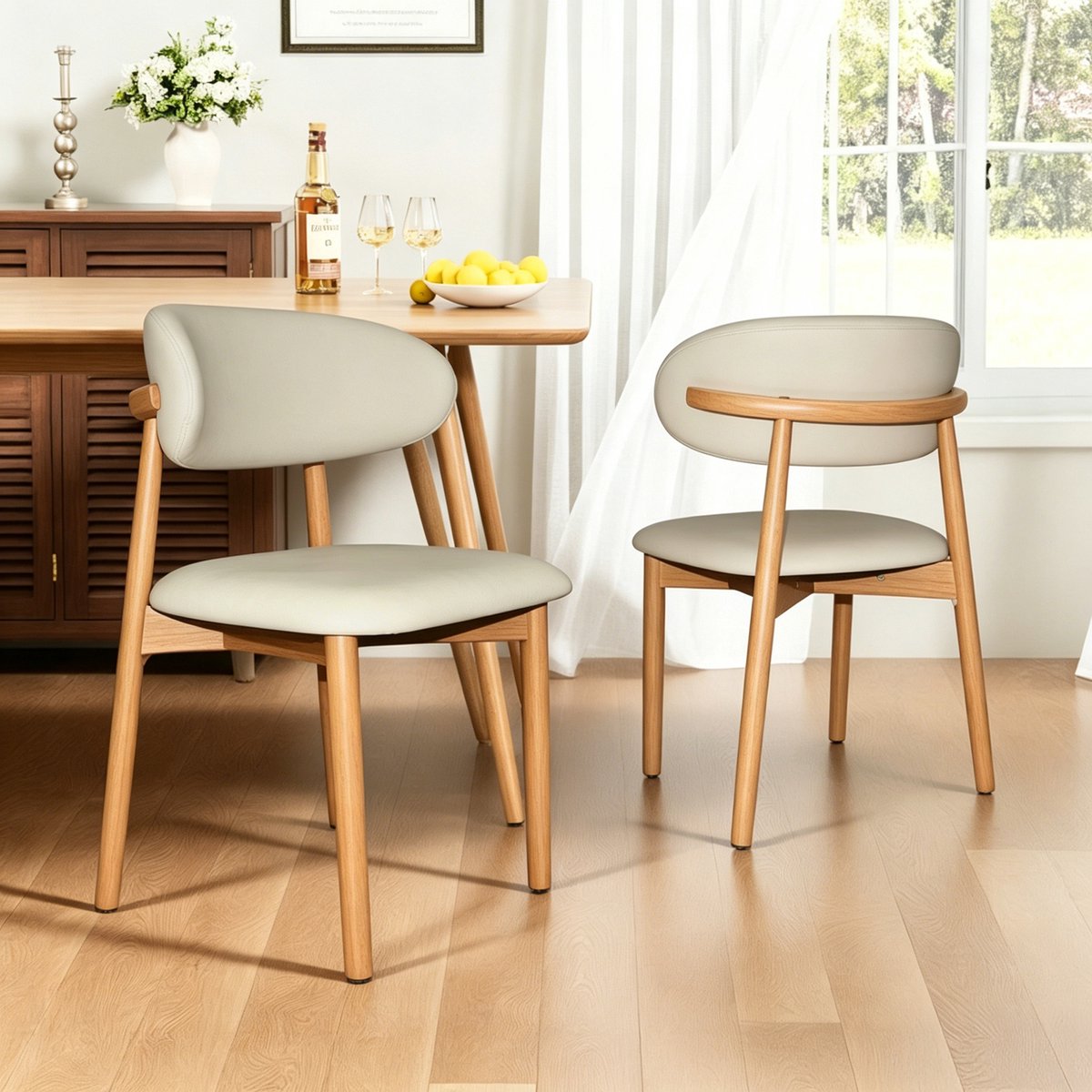 PHOEBE CAT Eetkamerstoel - Set van 2 - Ergonomische rugleuning - Antislipvoetjes - Beige + Natuurlijke