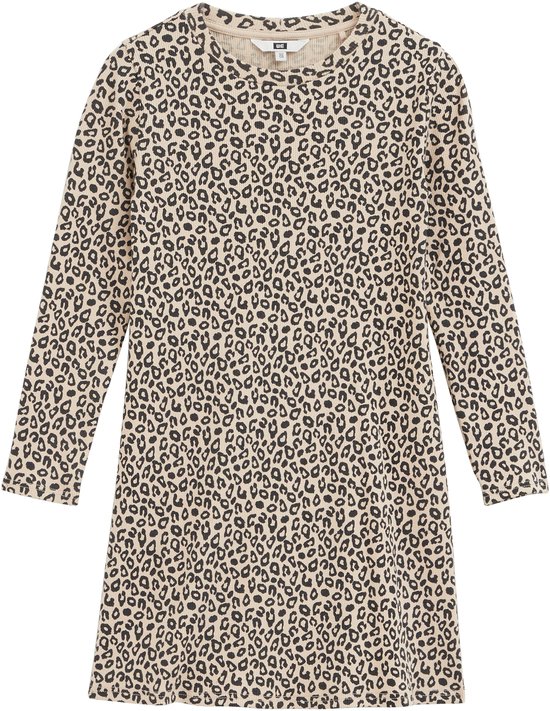 Lange beige jurk met luipaardprint en ribstructuur, van voren.