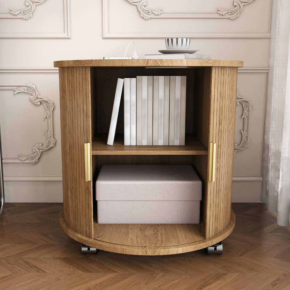 Wishdor - Bedtafel - ronde nachttafel met laadstation en schuifdeur - mid-century - slaapkamer en woonkamer - houtlook - eikenkleur - 60 x 60 x 60 cm