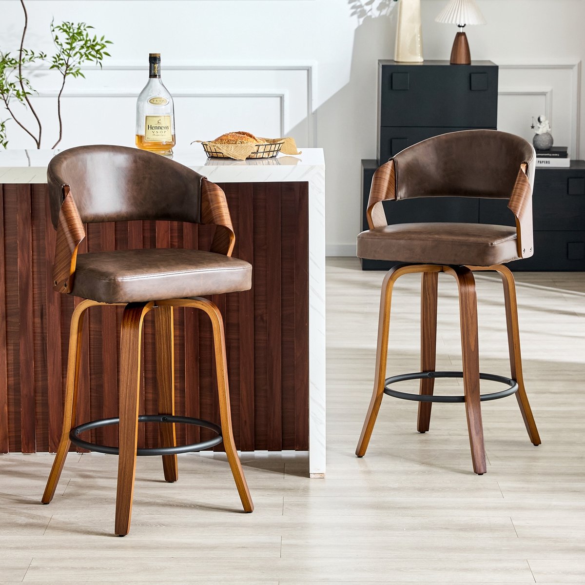 OKWISH Barkruk - Set Van 2 Met Rugleuning En Voetsteun - 95 Cm Hoog Voor Bar Of Keukeneiland - Hout En Kunstleer - Bruin