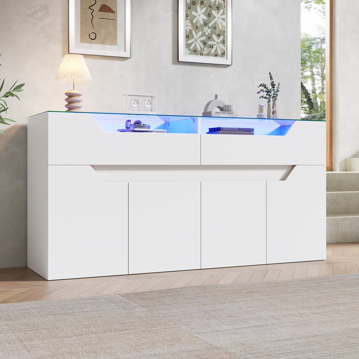 Wishdor - Dressoir - met gehard glazen blad en LED-verlichting - 2 lades en kastdeuren - modern - voor woonkamer of eetkamer - houtlook wit - 140 x 40 x 70 cm
