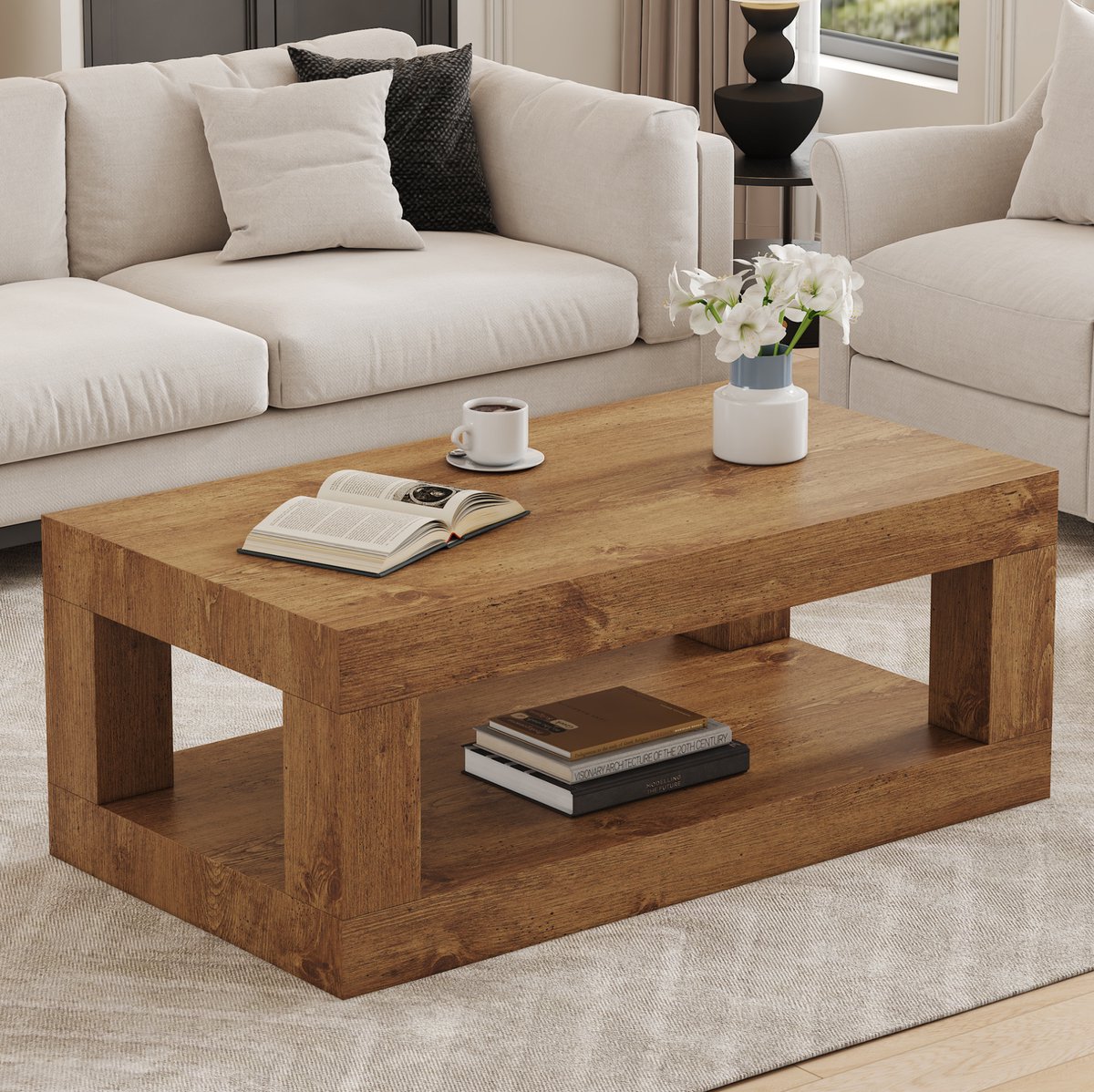 STILVORA Salontafel - Rechthoekig 2-Laags Design Met Open Opbergplank - Voor Woonkamer - MDF Houtlook - 93x53x46 Cm - Houtkleur