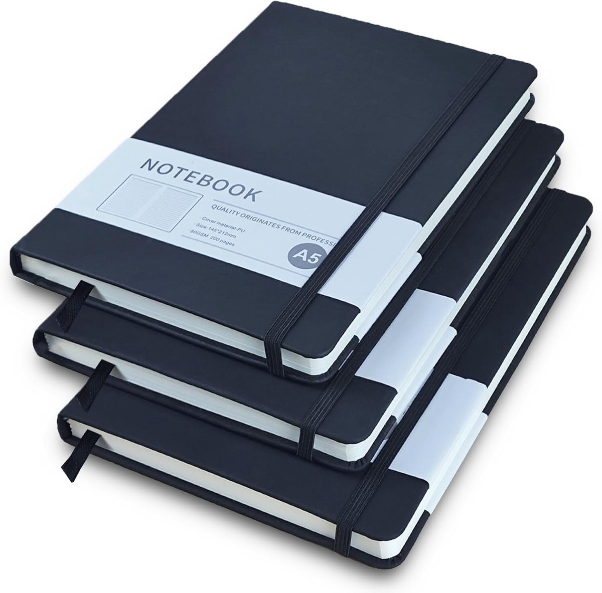 3-Pak Gelinieerd A5 Notitieboek met Hardcover - Luxe Dagboek en Zakelijk Notitieblok met 200 Pagina's - Waterafstotend PU Leder - Zwart
