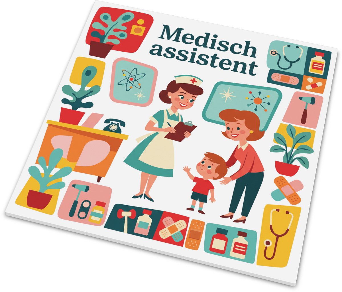 Medisch assistent Beroep Tegeltje Mat Keramiek Cadeau Retro Gouache Zorg en Kinderkliniek