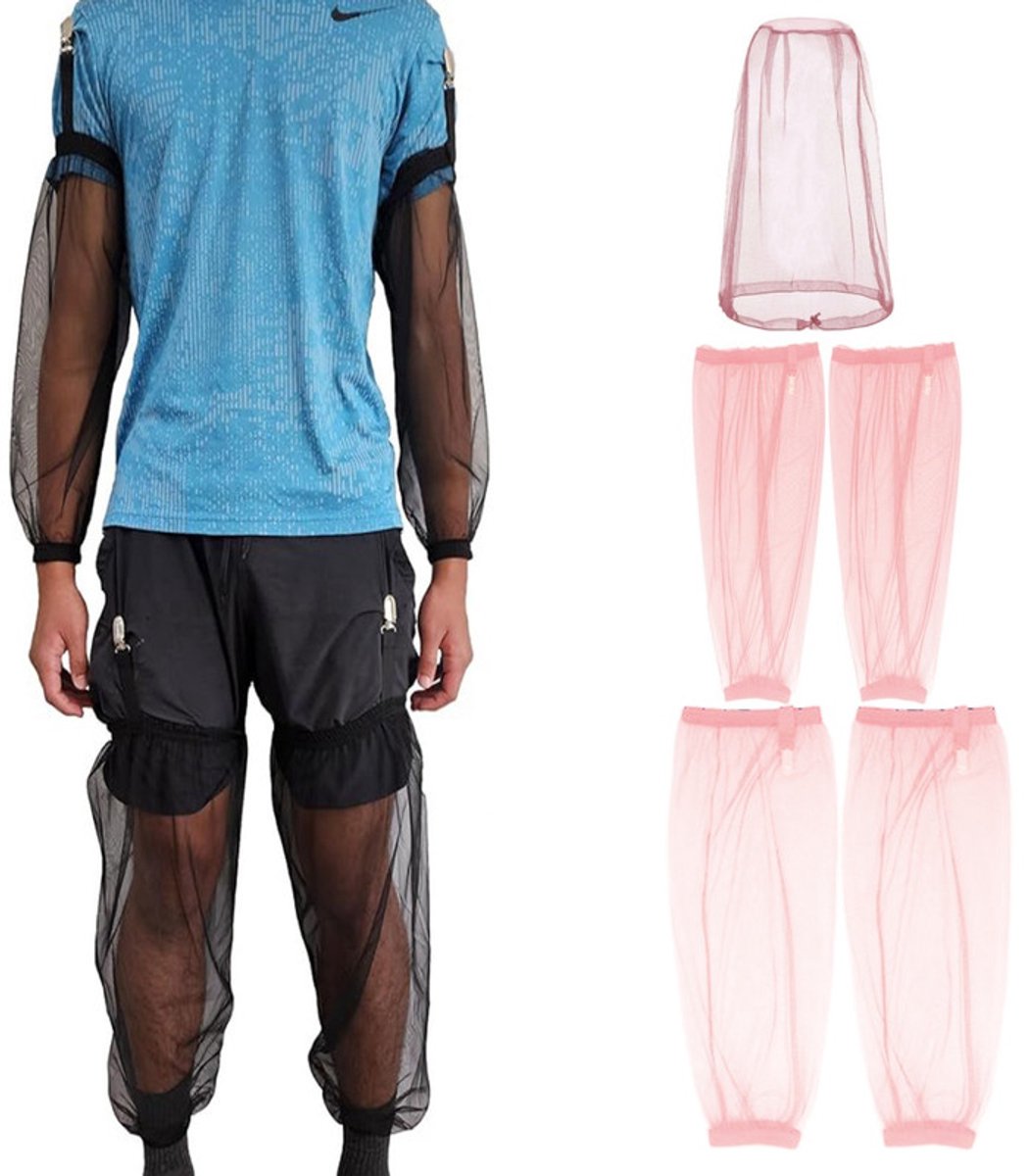 5-delige klamboeset – 1 hoofdnet + 2 armhoezen + 2 beenhoezen – Fijnmazig – Anti-muggenset voor buiten in de zomer – armhoezen – Beenhoezen voor kamperen en sporten – Anti-muggenhoed voor tuinieren en vissen – Geschikt voor kamperen, vissen en meer