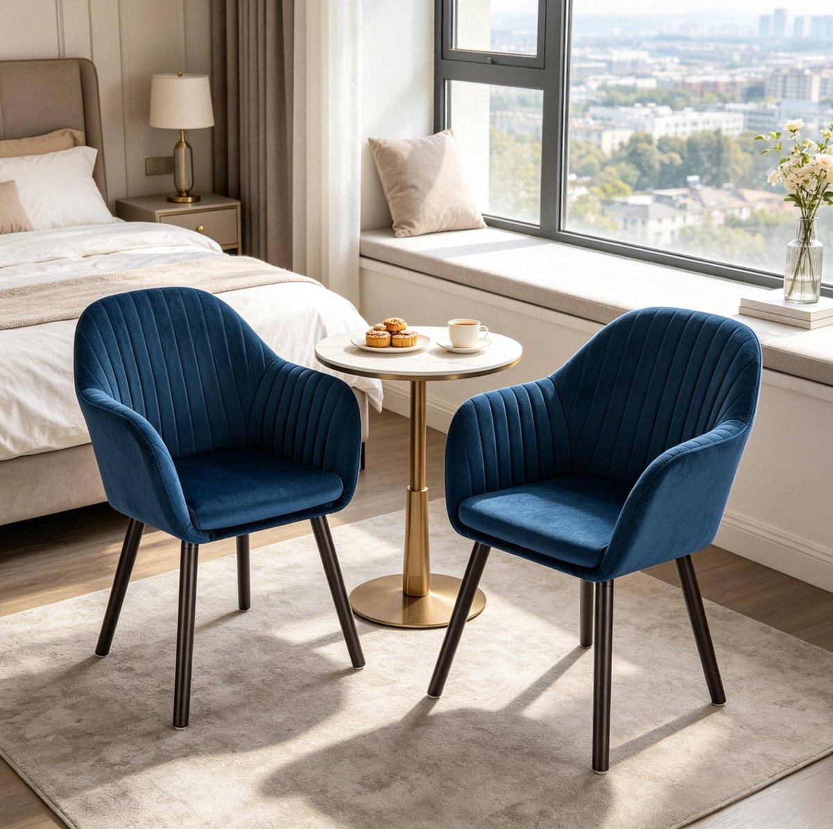 OKWISH Eetkamerstoel - Kuipstoel Met Armleuningen - Set Van 2 - Velvet - Scandinavisch - Blauw En Zwart - Voor Eetkamer En Woonkamer