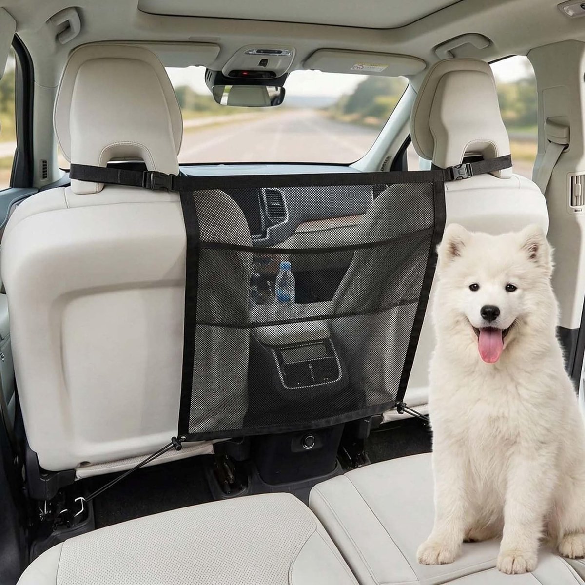 Hondennet voor de auto, ideaal voor kleine en middelgrote honden, kofferbak en achterbank bescherming, 69 x 57 cm, inclusief handige tas en bevestigingsmateriaal
