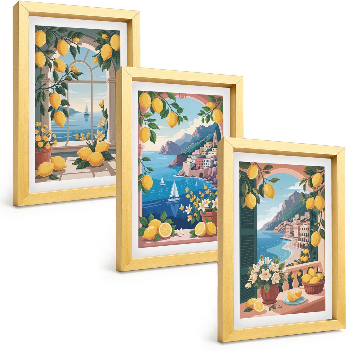 TULUP 4-Delige Schilderij Set - Zeezichtraam met Italiaanse citroenen - 20 x 30 cm - Moderne Wanddecoratie - Woonkamer Gouden lijst