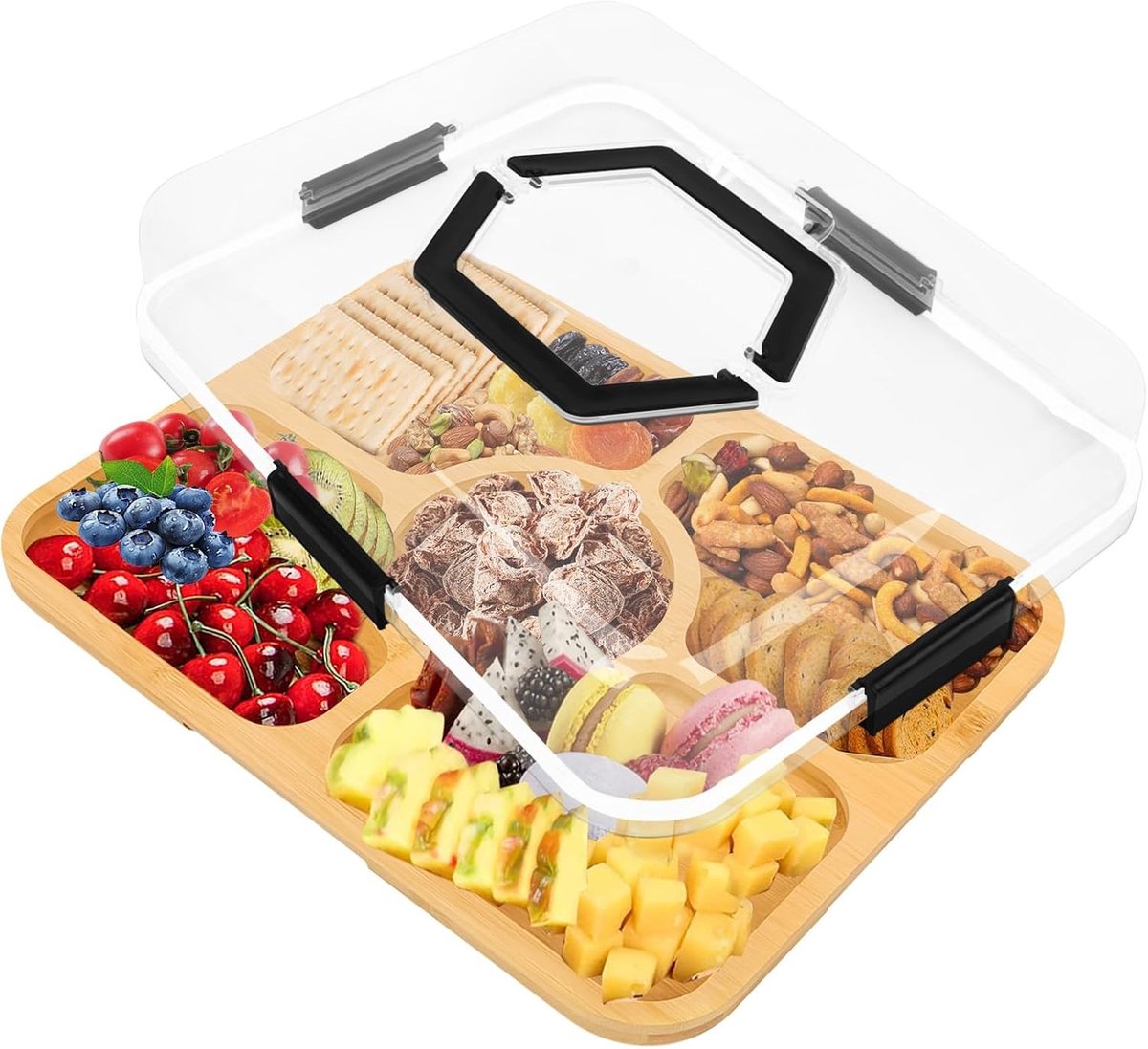 Snackbox met 5 vakken - Hout - 36,4 x 28,7 x 8 cm - Draagbare Snackbox met Deksel en Handgreep - Voor Thuis en Onderweg