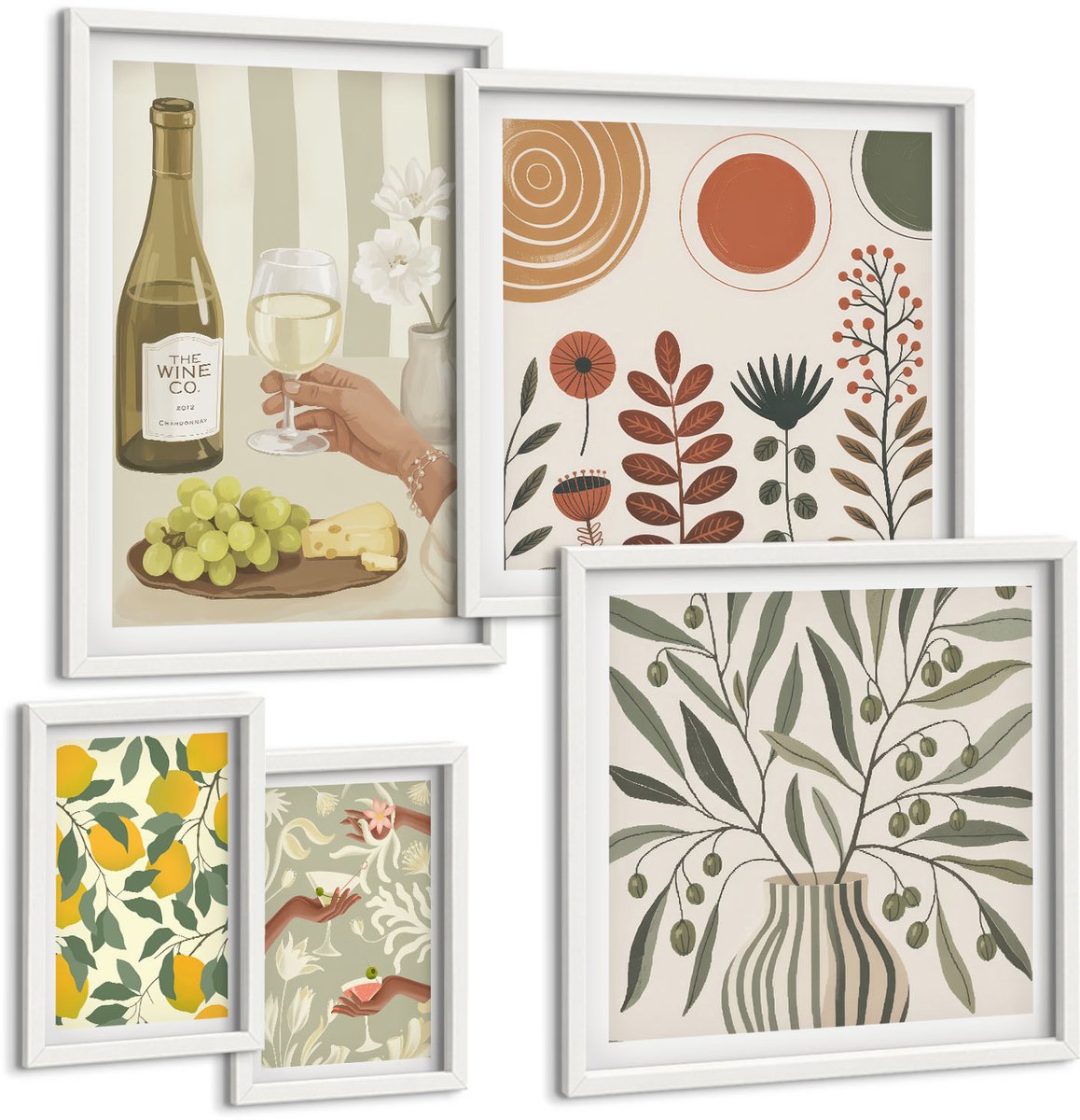 Tulup 4-Delige Schilderij Set - Stijlvolle decoraties in een sfeer van wijn en planten. - 50 x 50 cm, 20 x 30 cm en 40 x 60 cm - Stijlvolle Muurdecoratie - Kantoor - Woonkamer Decoratie