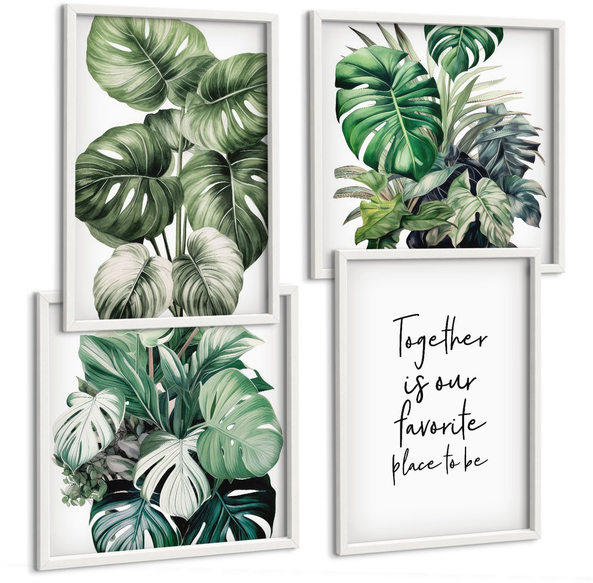 Tulup 4-Delige Schilderij Set - Groene bladeren van tropische planten met decoratieve inscriptie - 40x40 en 40x60 - Moderne Wanddecoratie - Slaapkamer - Decoratieve Schilderijen