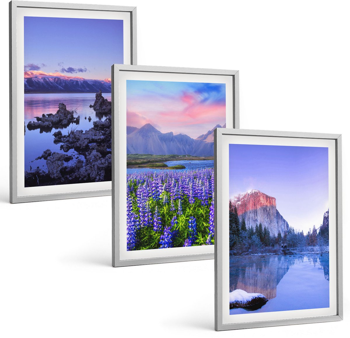 TULUP 4-Delige Schilderij Set - Berglandschappen met water, lucht en bloemenvelden - 40 x 60 cm - Wanddecoratie - Schilderijen Set - Kantoor - Woonkamer Decoratie Zilveren lijst