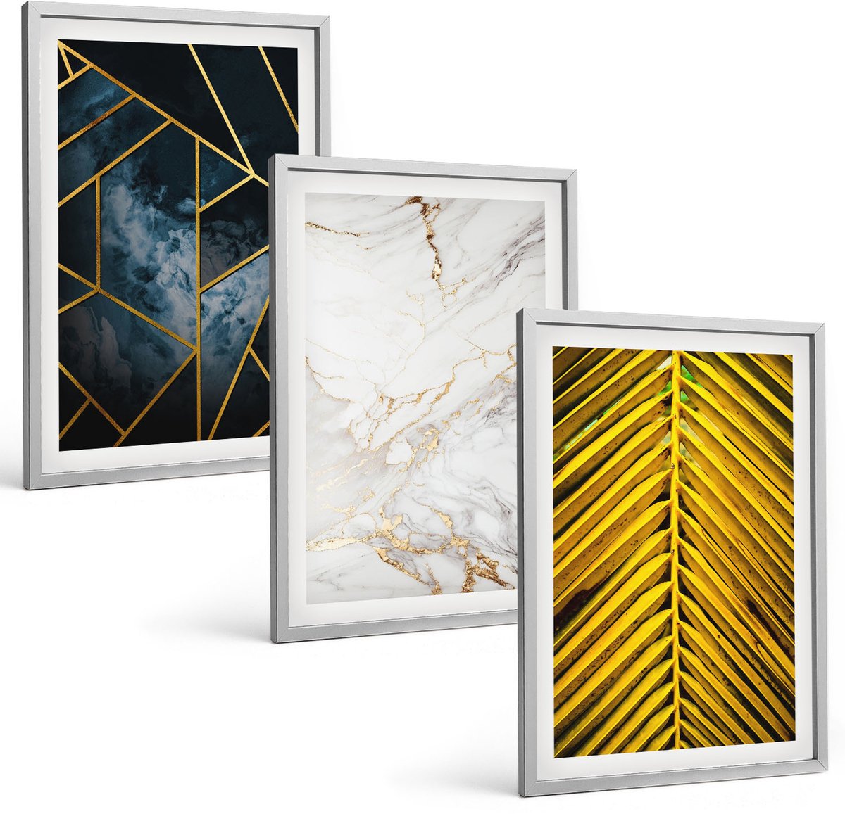 TULUP 4-Delige Schilderij Set - Moderne geometrische patronen en natuurlijke plantmotieven - 40 x 60 cm - Stijlvolle Muurdecoratie - Kantoor - Wanddecoratie Zilveren lijst