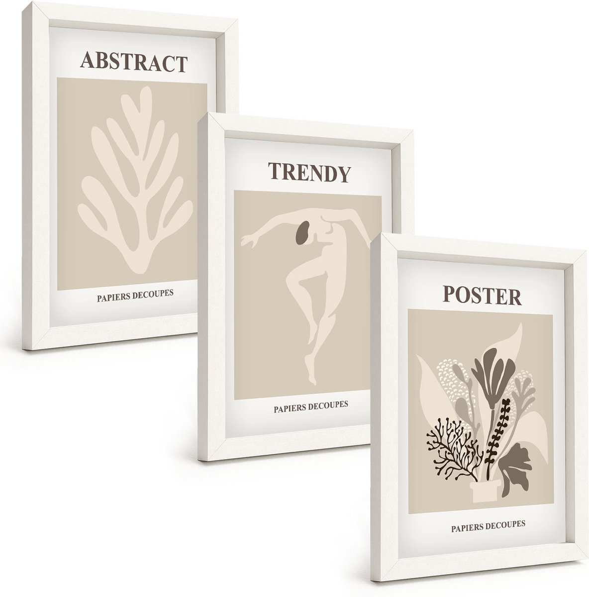 Tulup 3-Delige Schilderij Set - Plantenpatronen in beige en bruine tinten - 20x30 - Wanddecoratie - Muurdecoratie - Moderne Interieurdecoratie