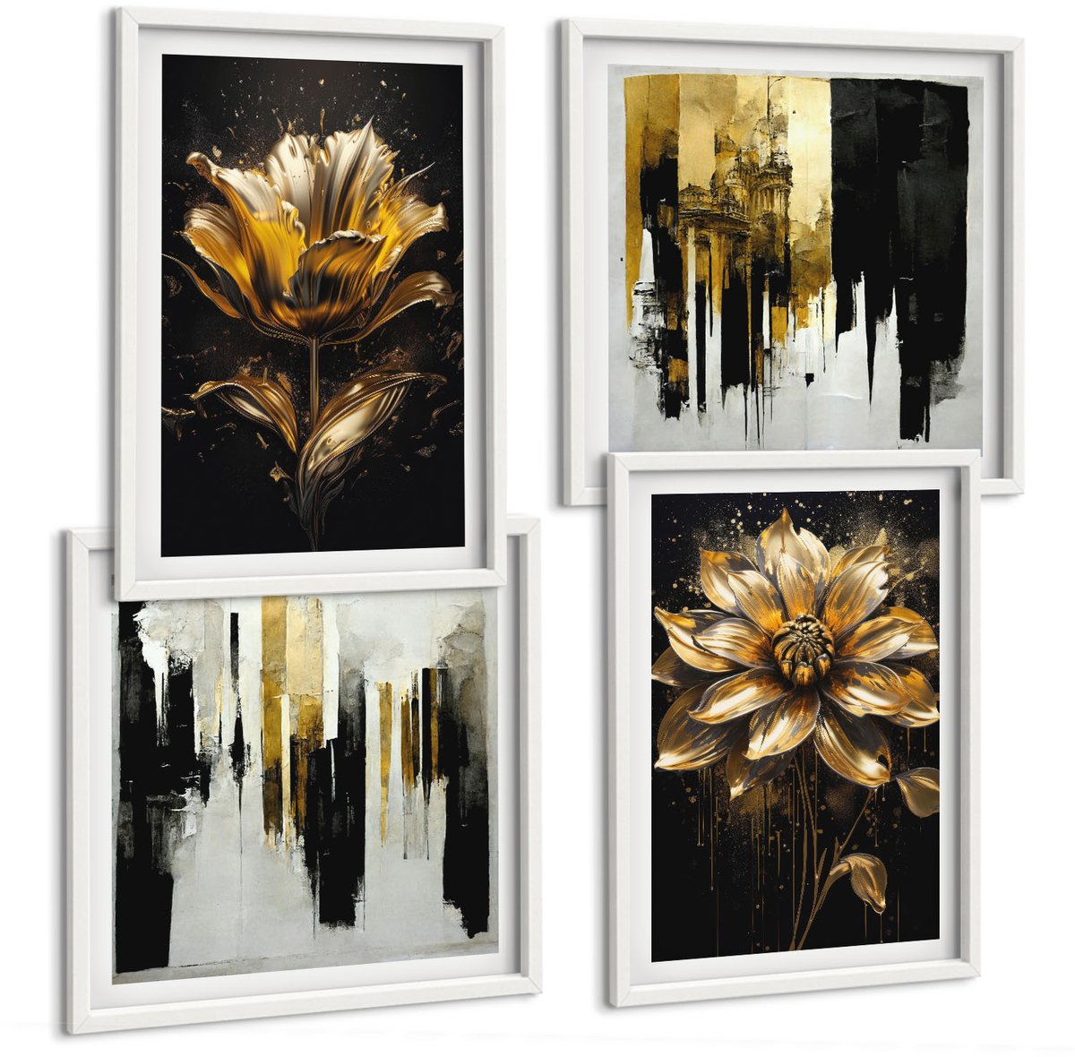 Tulup 4-Delige Schilderij Set - Stijlvolle bloemen, abstract, modern - 40x40 en 40x60 - Muurdecoratie - Schilderijen Set - Woonkamer - Woonkamer Decoratie