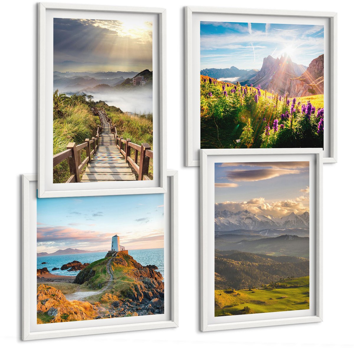 Tulup 4-Delige Schilderij Set - Berglandschappen met bloemen, lucht en pad. - 40x40 en 40x60 - Moderne Wanddecoratie - Woonkamer