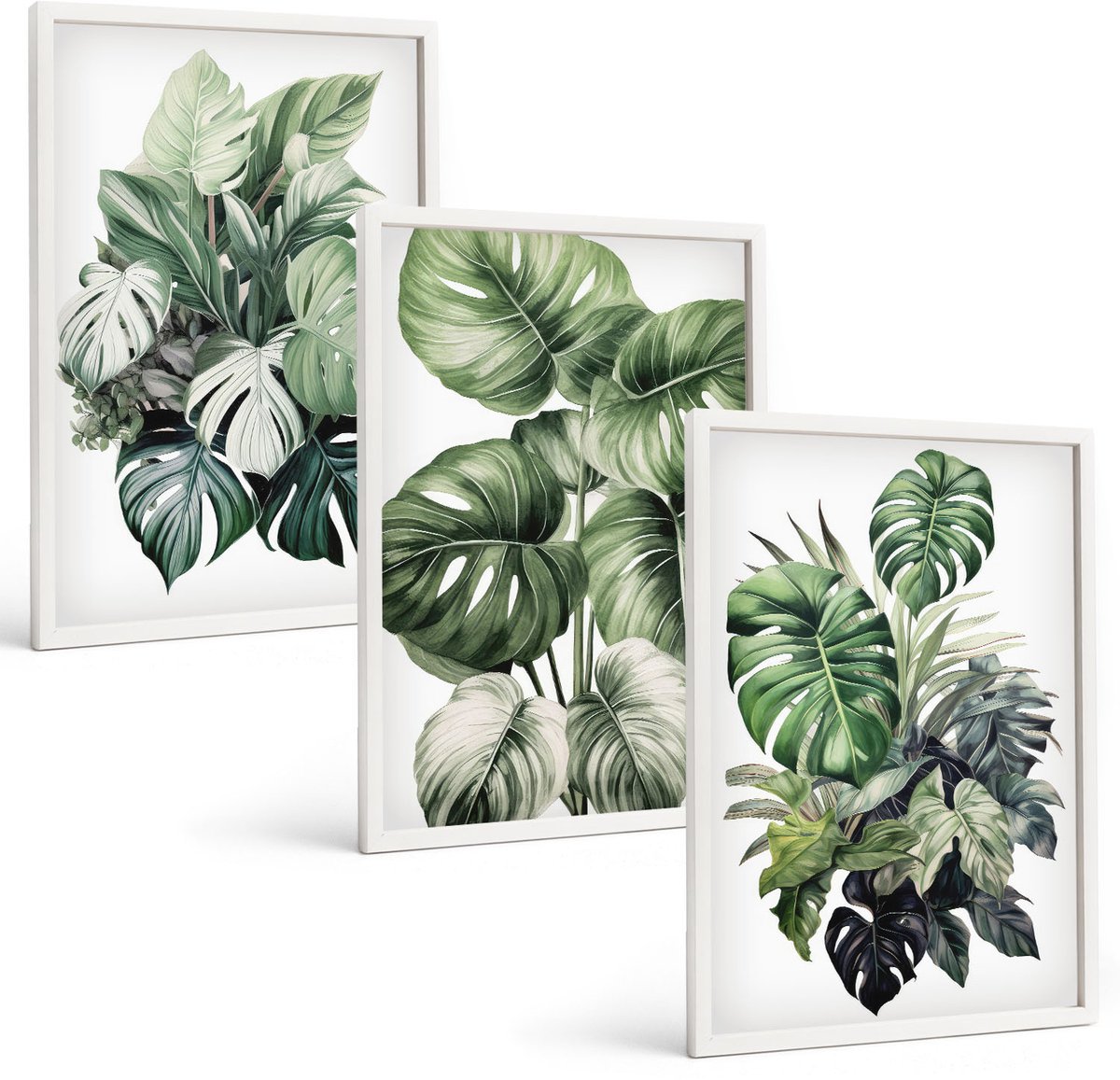 Tulup 3-Delige Schilderij Set - Groene bladeren van tropische planten, aquarelverf - 40x60 - Decoratieve Schilderijen - Wanddecoratie - Hal - Woonkamer Decoratie