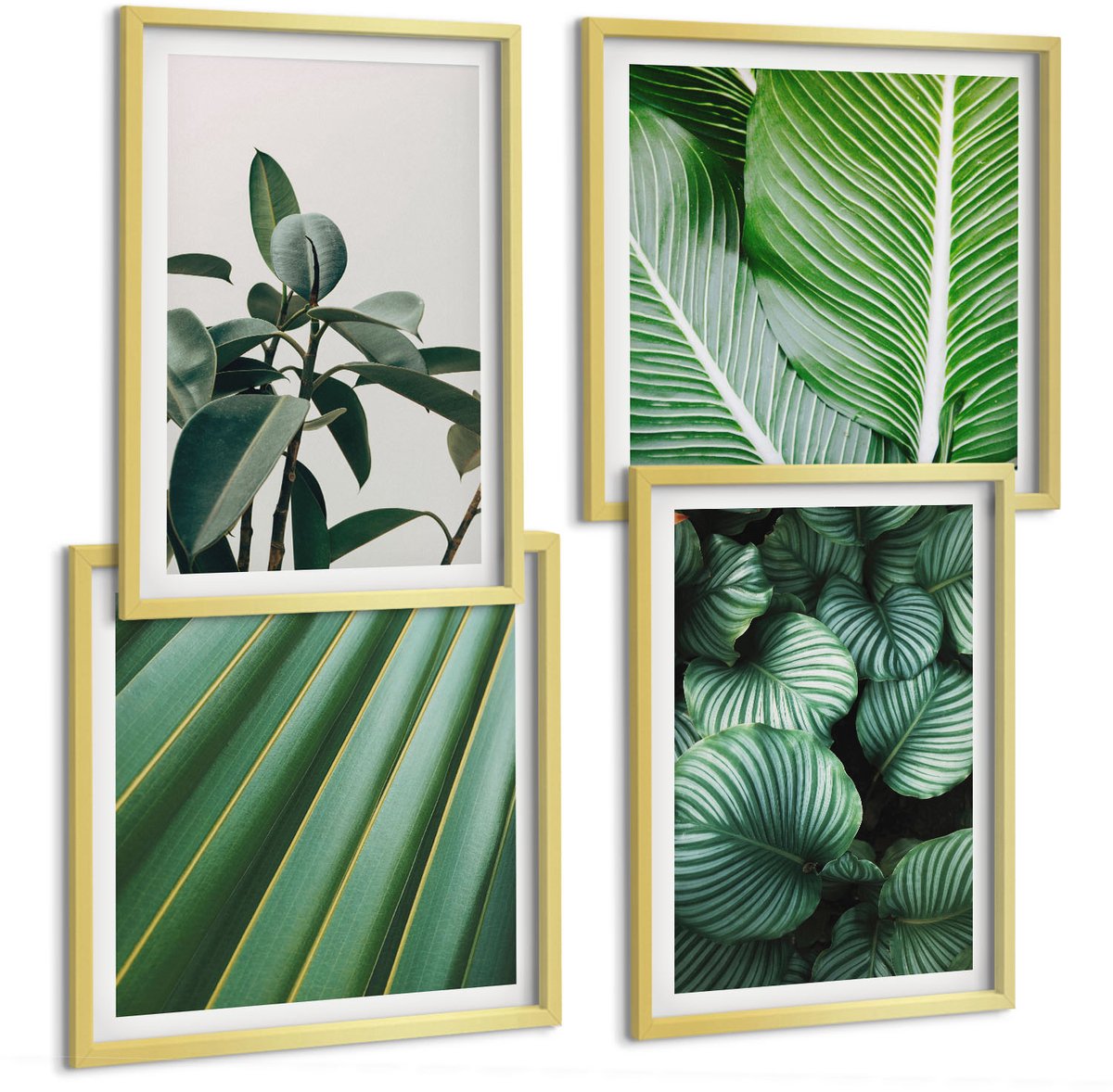 TULUP 4-Delige Schilderij Set - Esthetische tropische bladeren in diverse groene tinten - 40 x 40 cm en 40 x 60 cm - Decoratieve Schilderijen - Woonkamer - Interieur Gouden lijst