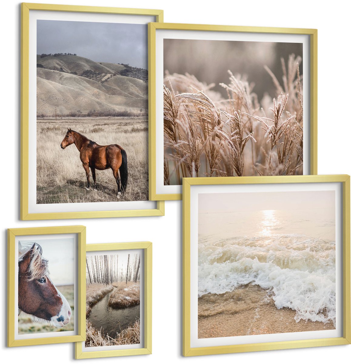 TULUP 5-Delige Schilderij Set - Natuurlandschappen met paarden en kalm water - 50 x 50 cm, 20 x 30 cm en 40 x 60 cm - Stijlvolle Muurdecoratie - Slaapkamer Gouden lijst