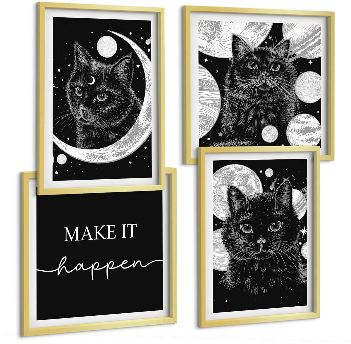 TULUP 4-Delige Schilderij Set - Zwarte katten tegen de achtergrond van de maan en planeten in de ruimte. - 40 x 40 cm en 40 x 60 cm - Schilderijen Set - Wanddecoratie - Woonkamer - Interieur Decoratie Gouden lijst