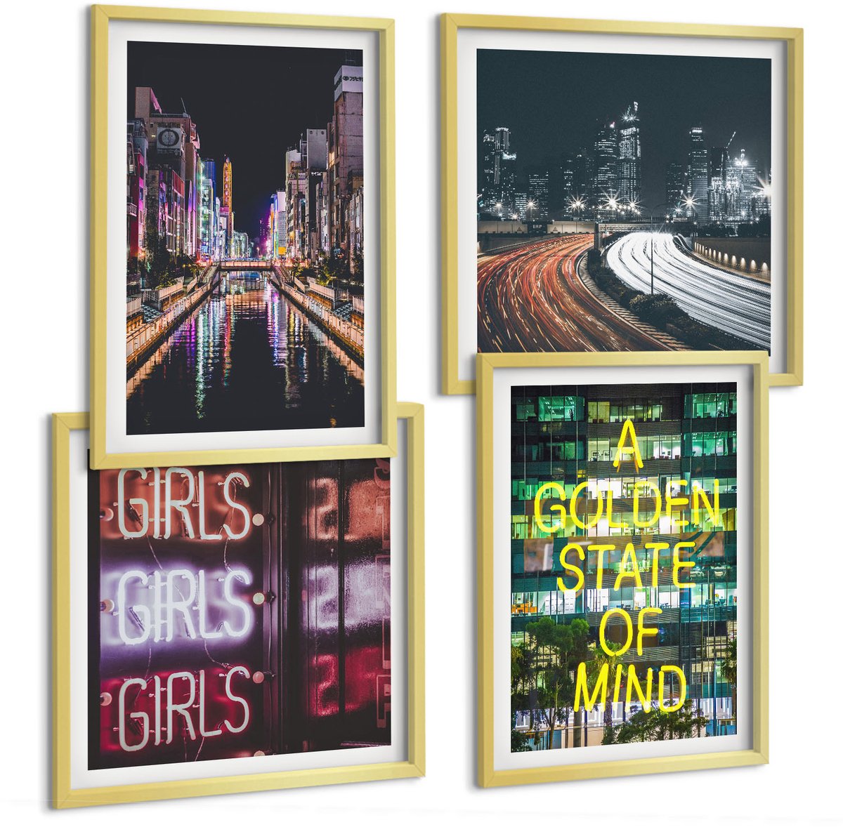 TULUP 4-Delige Schilderij Set - Neonreclames van de stad 's nachts Stadsgezichten - 40 x 40 cm en 40 x 60 cm - Wanddecoratie - Muurdecoratie - Moderne Interieurdecoratie - Moderne Wanddecoratie Gouden lijst