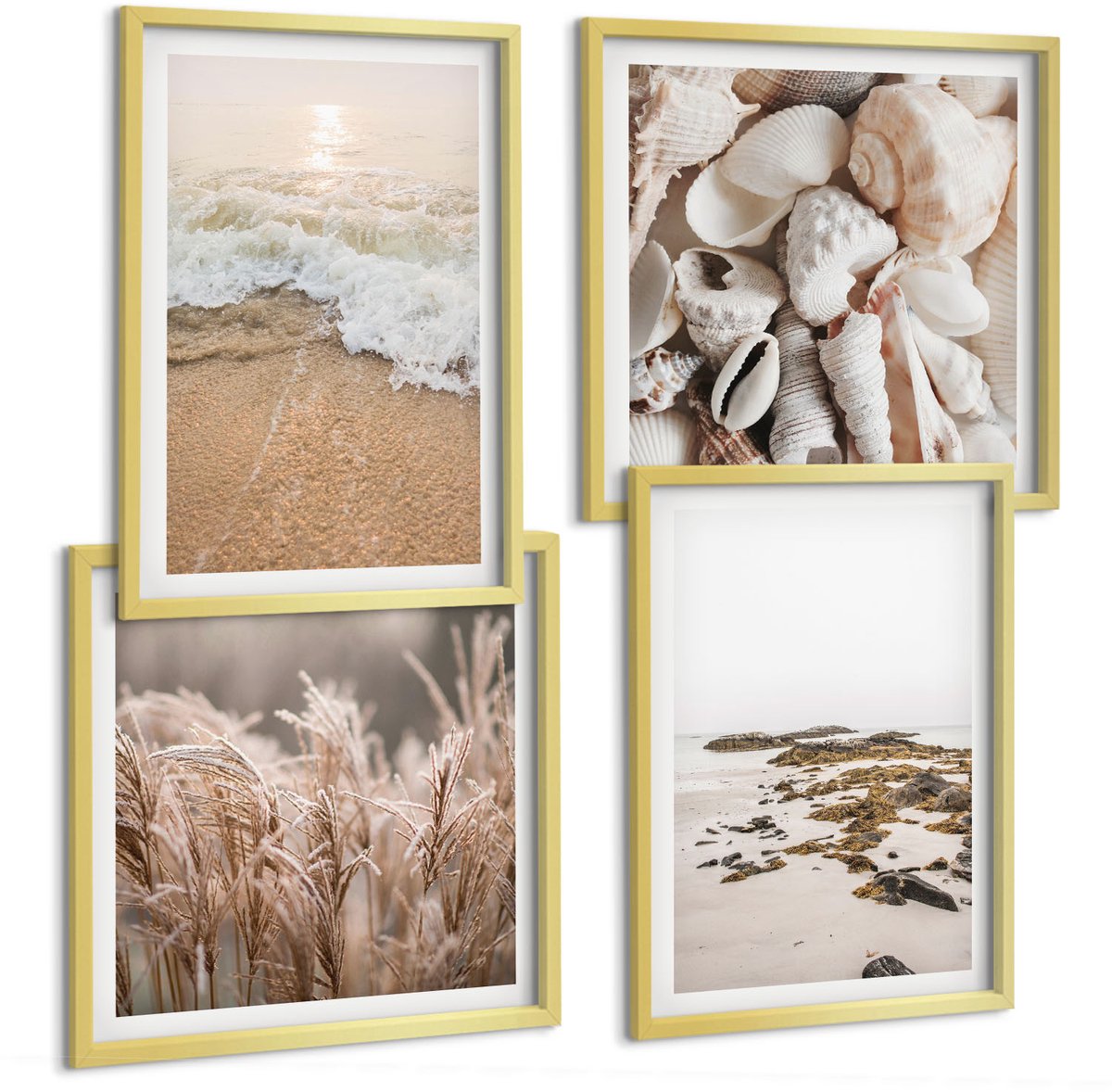 TULUP 4-Delige Schilderij Set - Strandgras, golven en zeestenen, boho - 40 x 40 cm en 40 x 60 cm - Wanddecoratie - Moderne Interieurdecoratie - Decoratieve Schilderijen Gouden lijst