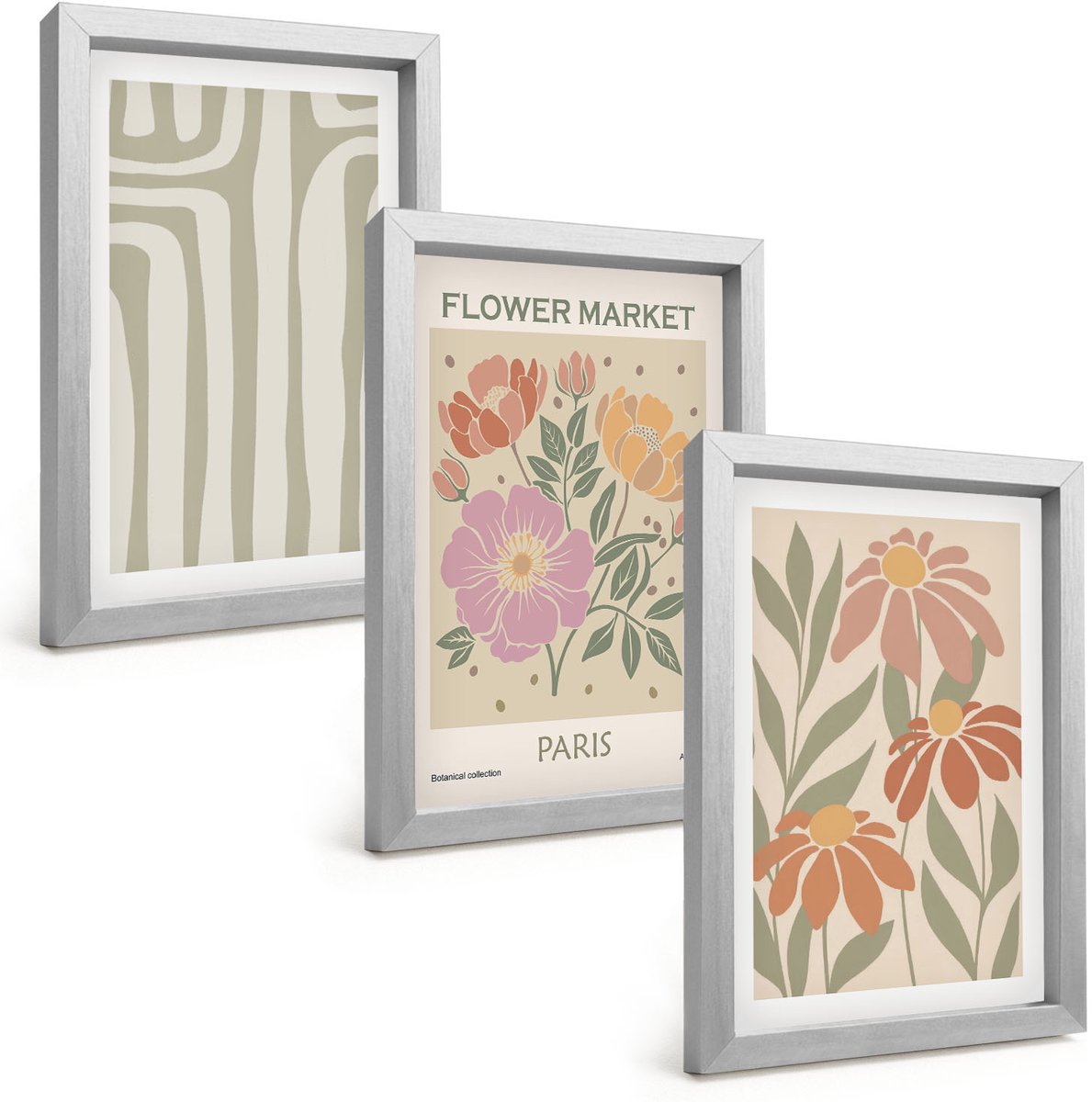 TULUP 4-Delige Schilderij Set - Poster met botanische motieven, Parijse minimalistische stijl - 20 x 30 cm - Muurdecoratie - Wanddecoratie - Slaapkamer - Stijlvolle Muurdecoratie Zilveren lijst