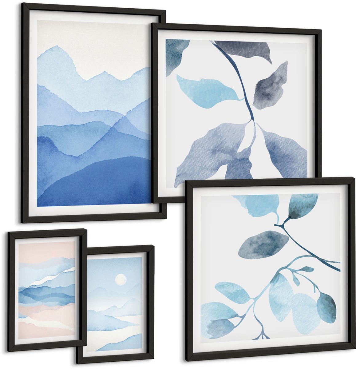 Tulup 4-Delige Schilderij Set - Natuur in blauwtinten: minimalistische landschappen en bladeren - 50 x 50 cm, 20 x 30 cm en 40 x 60 cm - Wanddecoratie - Muurdecoratie - Woonkamer