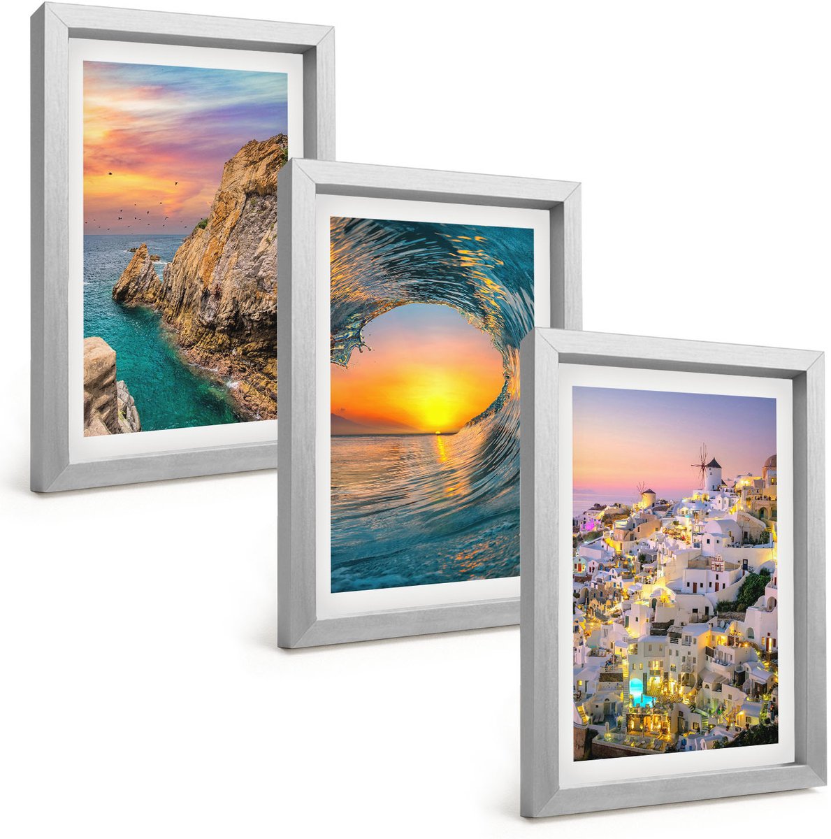 Tulup 4-Delige Schilderij Set - Uitzicht op de zee, de golven en de witte huizen op Santorini, Griekenland - 20 x 30 cm - Moderne Wanddecoratie - Woonkamer - Decoratieve Schilderijen