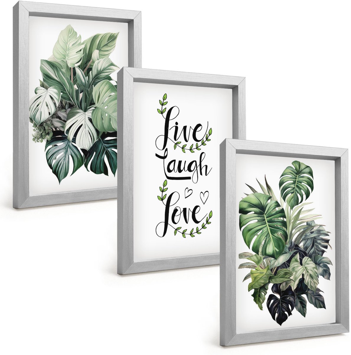 Tulup 4-Delige Schilderij Set - Bladrijke planten met de woorden Leef, Lach, Houd van - 20 x 30 cm - Muurdecoratie - Wanddecoratie - Hal - Stijlvolle Muurdecoratie