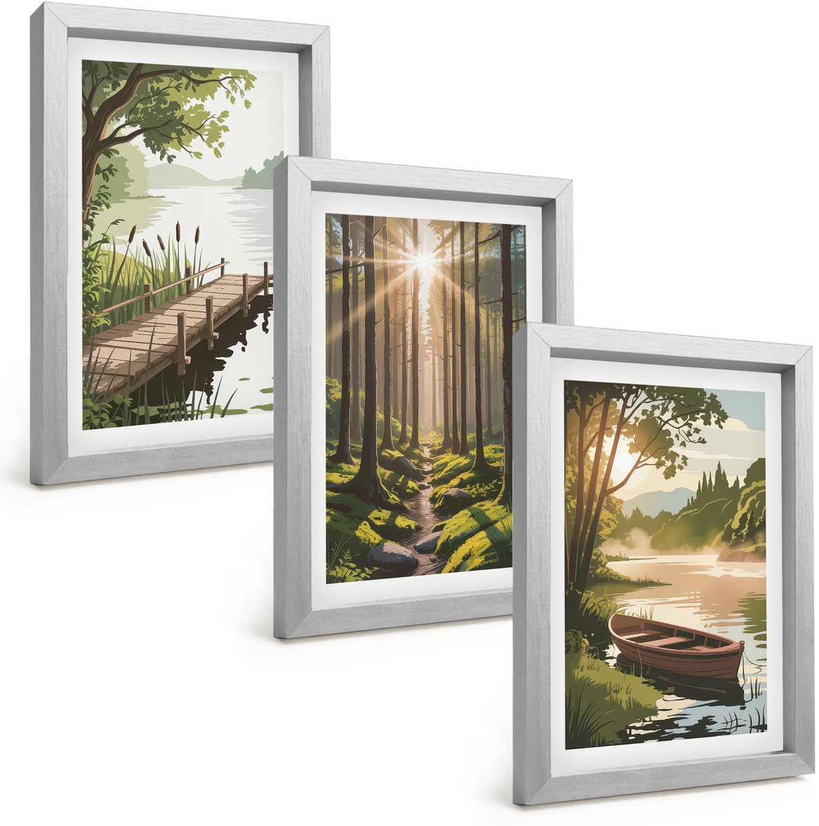 Tulup 4-Delige Schilderij Set - Rustige landschappen van bos en meer met een boot - 20 x 30 cm - Muurdecoratie - Decoratieve Schilderijen - Wohnzimmer