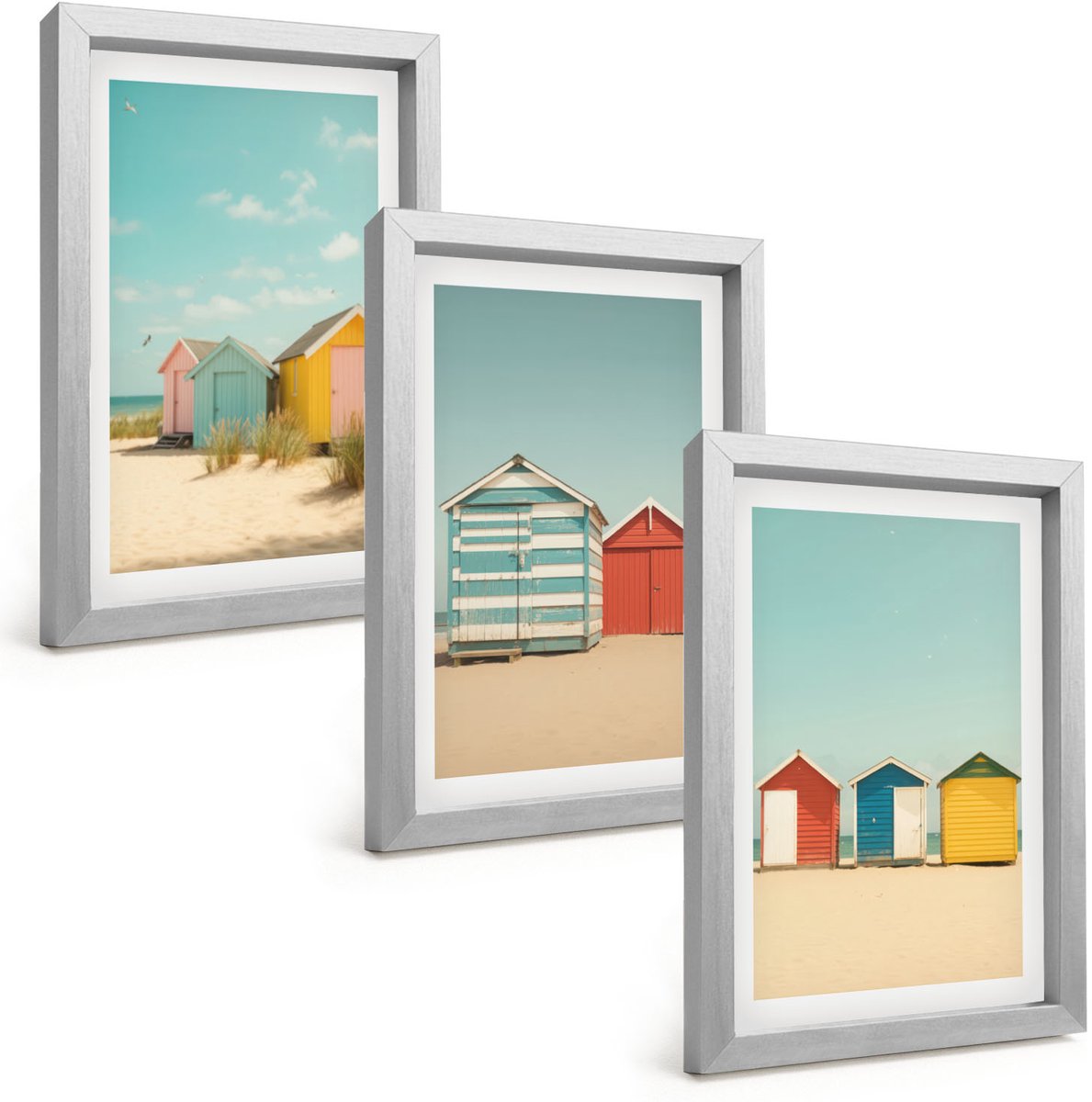 Tulup 4-Delige Schilderij Set - Kleurrijke strandhuisjes op een zonnige dag - 20 x 30 cm - Stijlvolle Wanddecoratie - Interieur - Stijlvolle Muurdecoratie