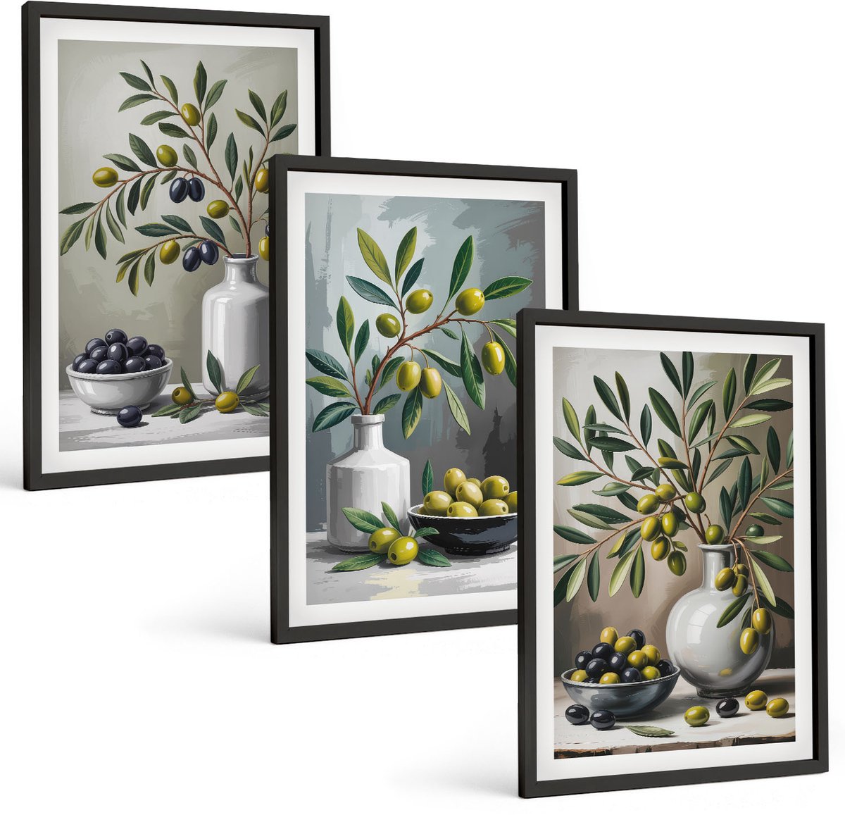Tulup 4-Delige Schilderij Set - Olijven in keramische schalen op een grijze achtergrond - 40 x 60 cm - Moderne Wanddecoratie - Woonkamer - Interieur Decoratie