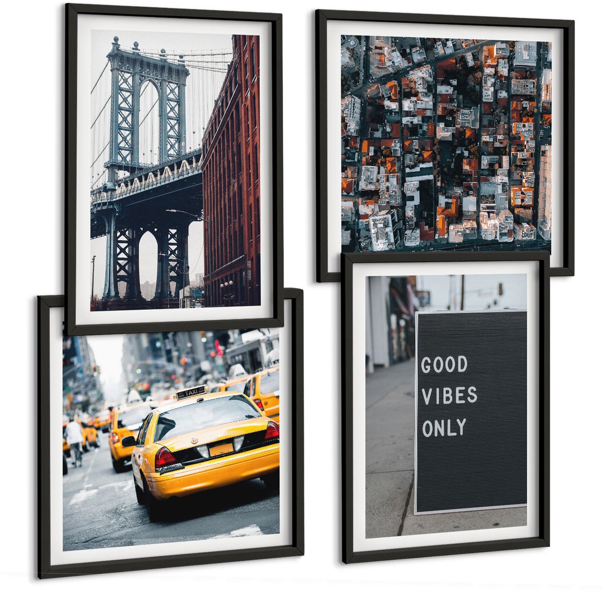 Tulup 4-Delige Schilderij Set - Brug in de stad. Opschriften op straat. Luchtfoto. - 40 x 40 cm en 40 x 60 cm - Decoratieve Schilderijen - Wanddecoratie - Hal - Interieur Decoratie