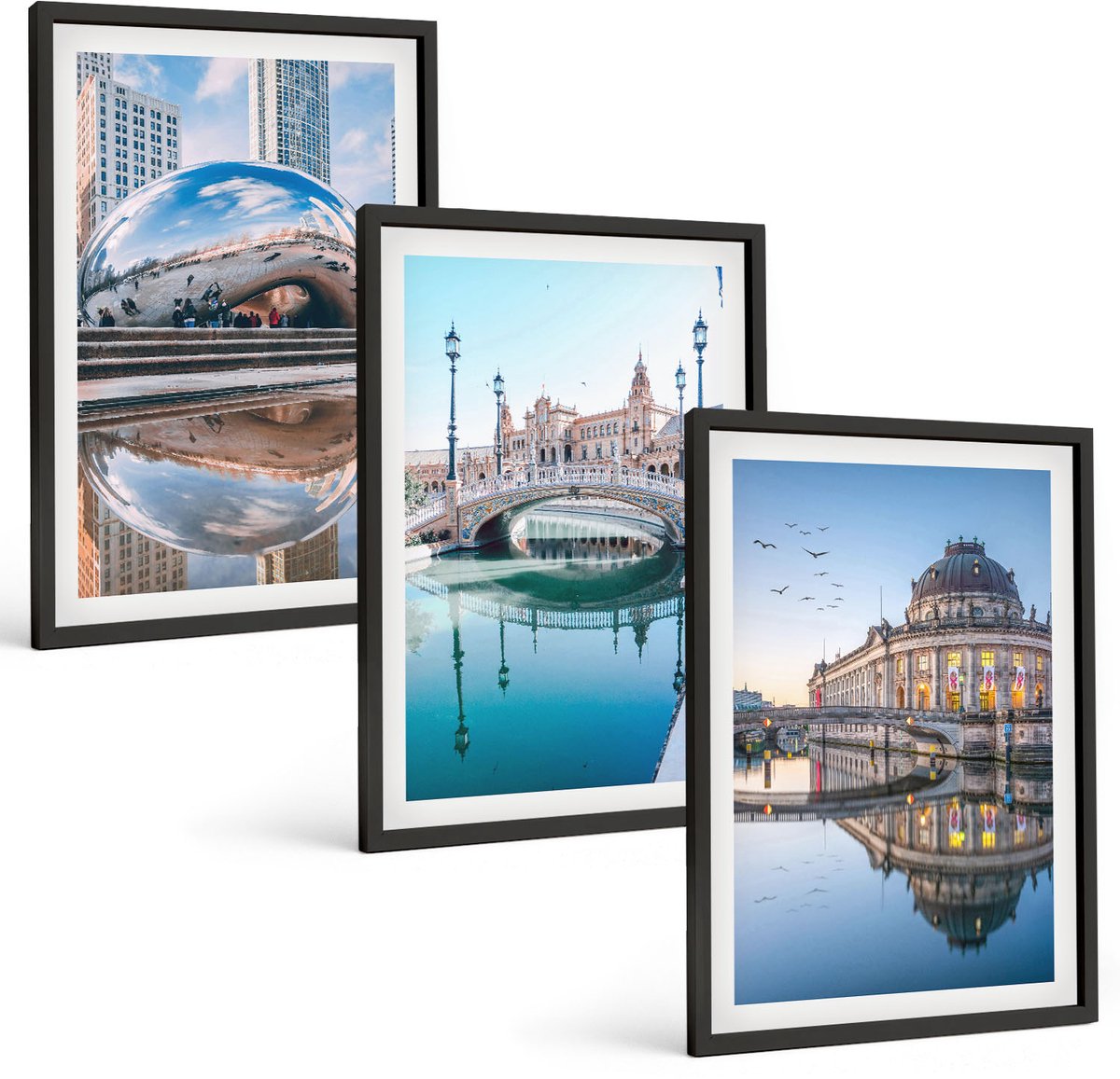 Tulup 4-Delige Schilderij Set - Stadsarchitectuur met weerspiegeling in het water - 40 x 60 cm - Muurdecoratie - Wanddecoratie - Hal - Woonkamer Decoratie