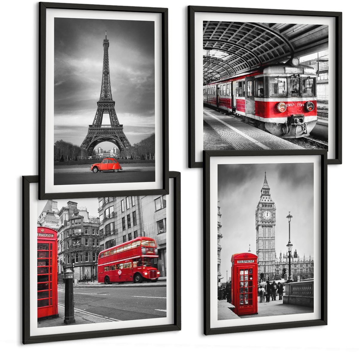 Tulup 4-Delige Schilderij Set - Rode bussen in het stedelijk landschap - 40 x 40 cm en 40 x 60 cm - Decoratieve Schilderijen - Wanddecoratie - Hal - Muurdecoratie