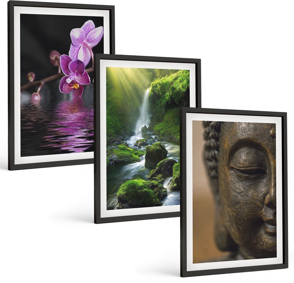 Tulup 4-Delige Schilderij Set - Bloemen in het water, waterval met groene rotsen, Boeddha - 40 x 60 cm - Muurdecoratie - Schilderijen Set - Woonkamer - Wanddecoratie