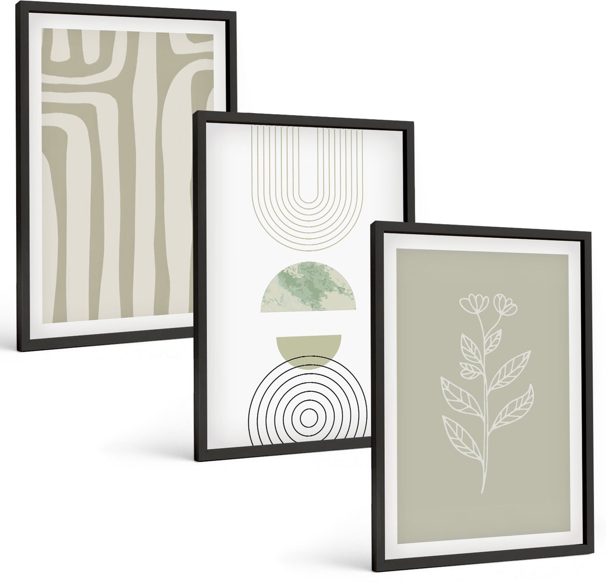 Tulup 4-Delige Schilderij Set - Geometrische patronen met plantenaccenten in groene tinten. - 40 x 60 cm - Stijlvolle Muurdecoratie - Kantoor - Interieur Decoratie