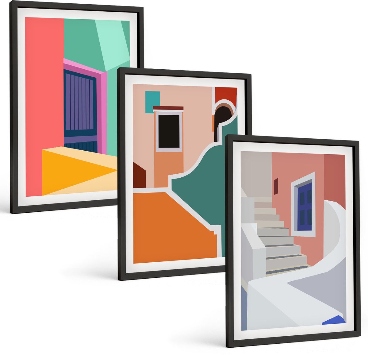Tulup 4-Delige Schilderij Set - Kleurrijke illustraties van gebouwen in een moderne stijl. - 40 x 60 cm - Schilderijen Set - Wanddecoratie - Woonkamer - Decoratieve Schilderijen